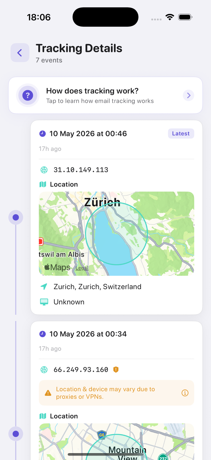 Mail Tracer tracking details with map and IP